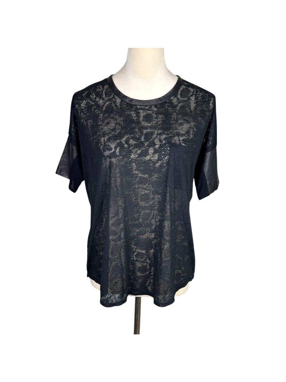 Rebecca Taylor | Snake Print Burnout Black Leather Trim Short Sleeve Sheer Top